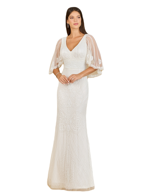 Cape Sleeve V-Neck Beaded Gown