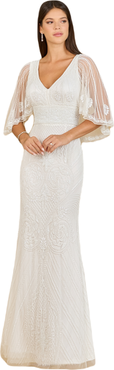 LARA New York Cape Sleeve V-Neck Beaded Gown