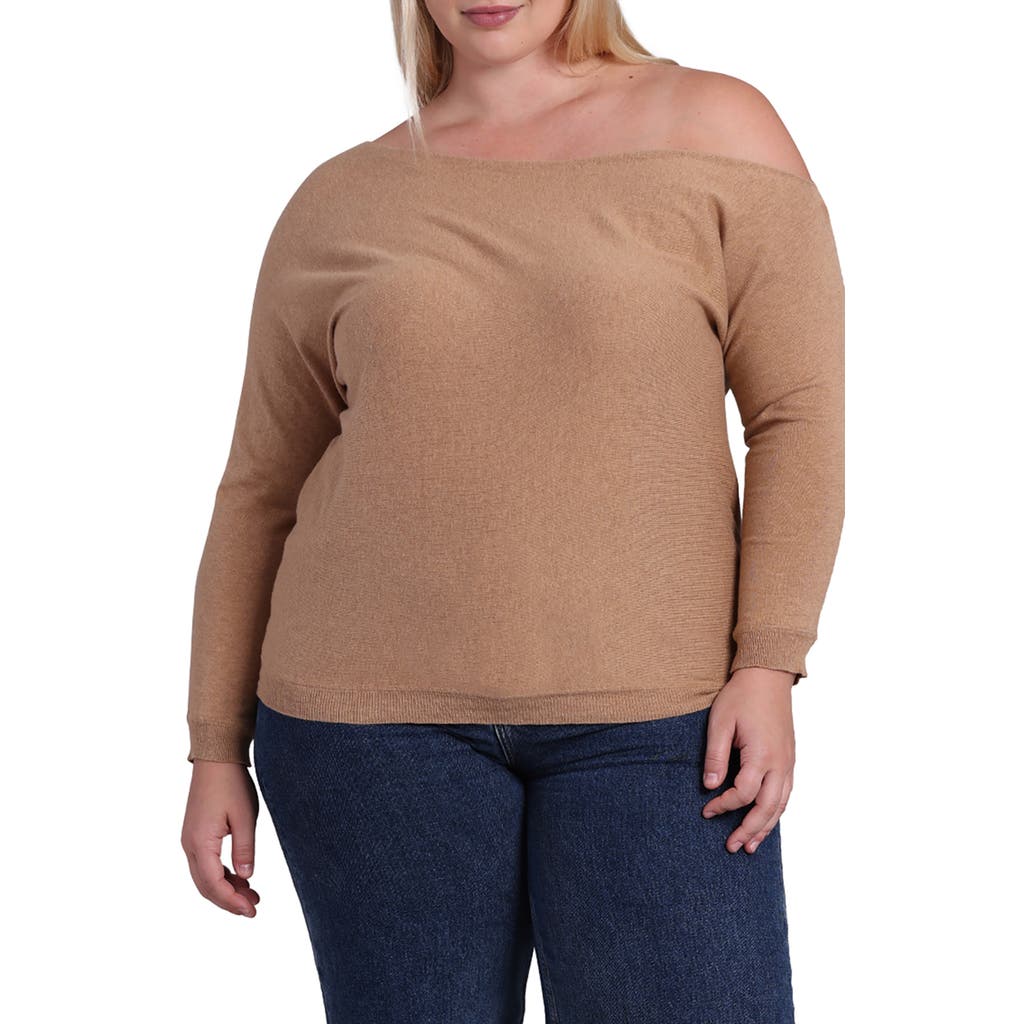 Minnie Rose Plus Size Cotton Cashmere Off The Shoulder Top In Camel