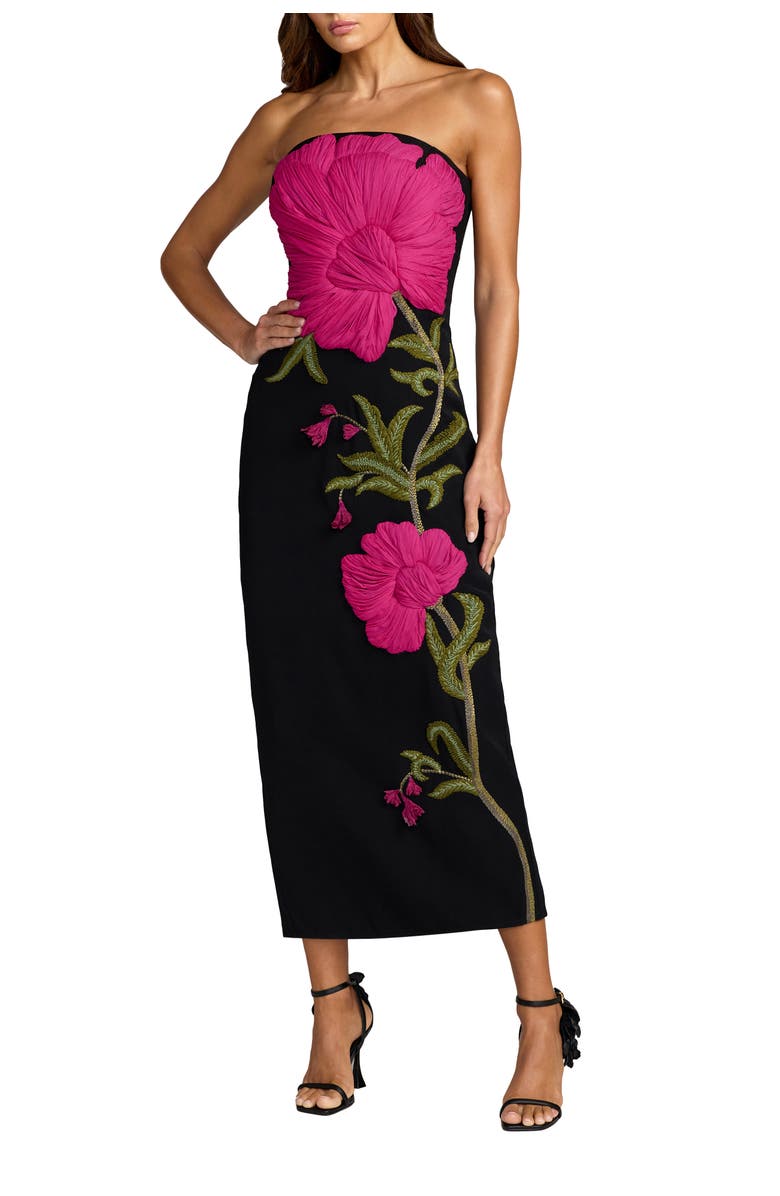 Mac Duggal Strapless Floral Embroidered Midi Dress, Main, color, Black Multi