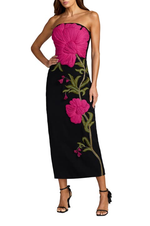 Strapless Floral Embroidered Midi Dress
