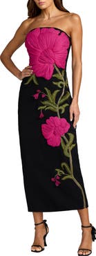 Mac Duggal Strapless Floral Embroidered Midi Dress