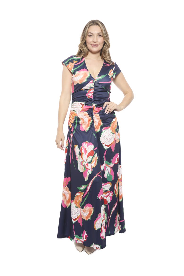 Womens Floral V-Neck Cap Sleeve Ruched Front Maxi Length Dress, Main, color, Navy Multi