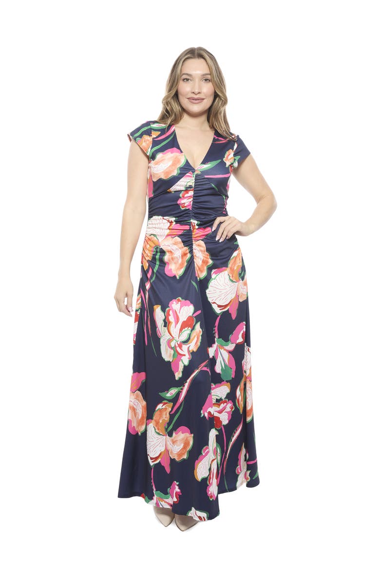 24seven Comfort Apparel Womens Floral V-Neck Cap Sleeve Ruched Front Maxi Length Dress, Main, color, Navy Multi