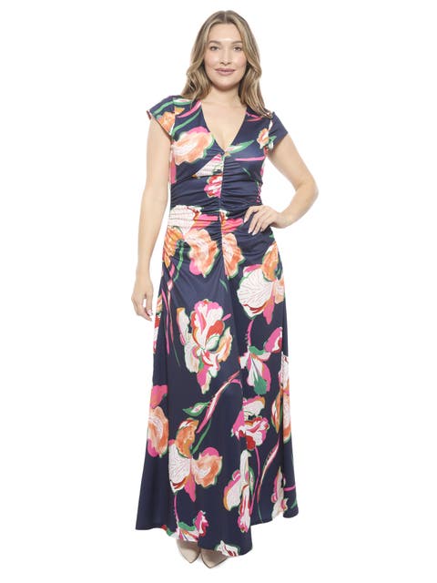 Womens Floral V-Neck Cap Sleeve Ruched Front Maxi Length Dress