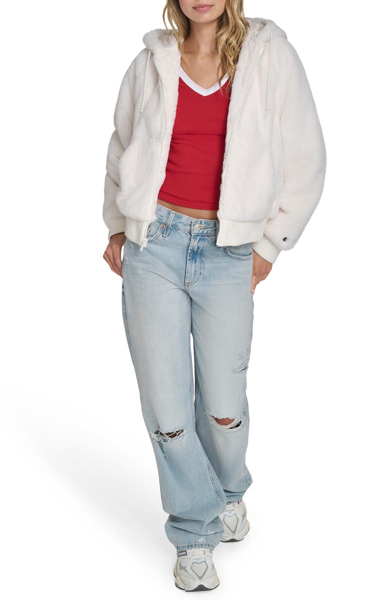 Champion Faux Fur Bomber Hoodie, Alternate, color, Cream