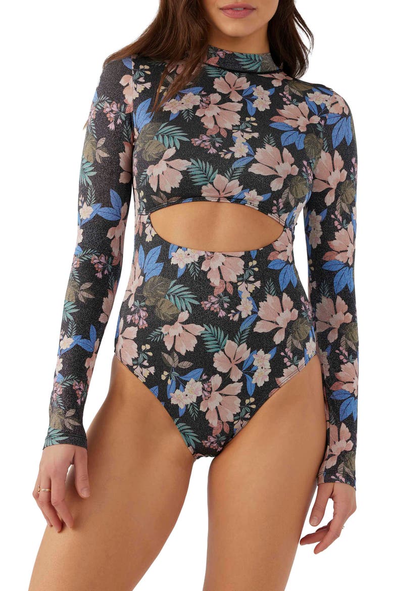 Matira Tropical Oxnard Long Sleeve One-Piece Rashguard Swimsuit, Main, color, BLACK