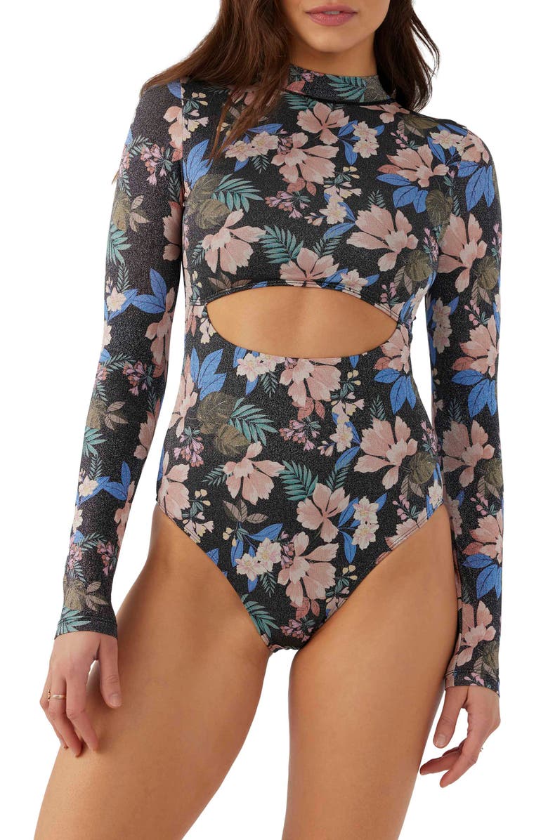 O'Neill Matira Tropical Oxnard Long Sleeve One-Piece Rashguard Swimsuit, Main, color, 