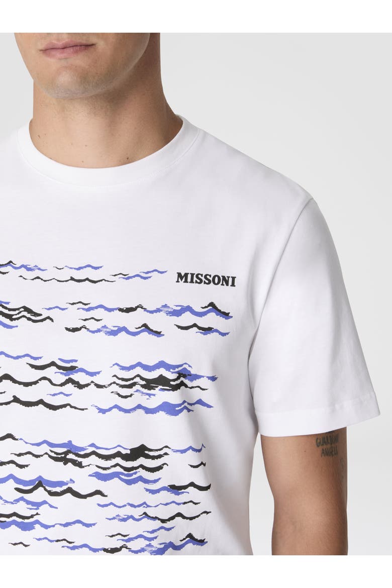 Crew-neck Cotton T-shirt With Wave Print And Logo, Alternate, color, White & Blue