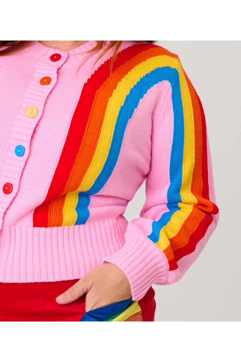 Plus Size 1950s Cropped Cardigan, Alternate, color, Pink w/ Rainbow Print