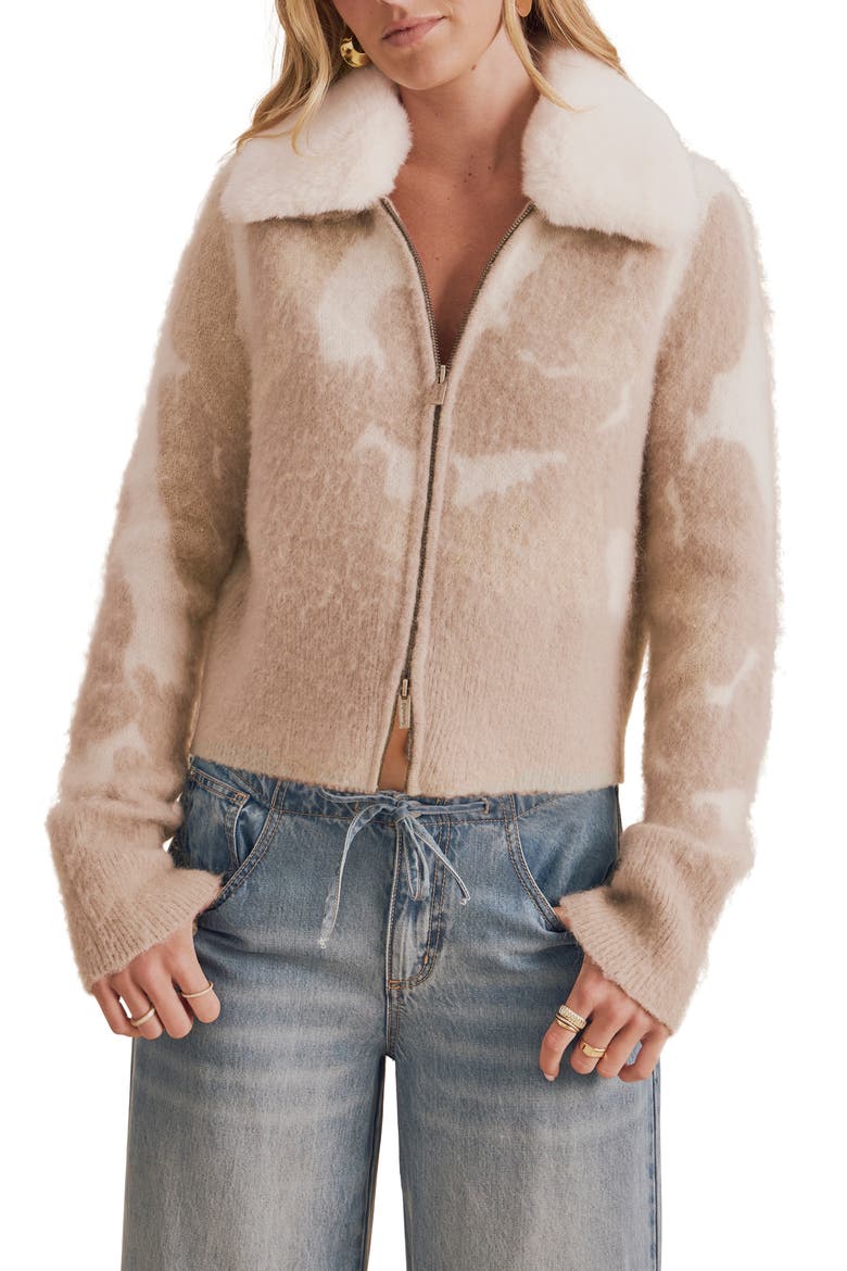 Lola Faux Fur Collar Cardigan, Main, color, BEIGE/ MULTI