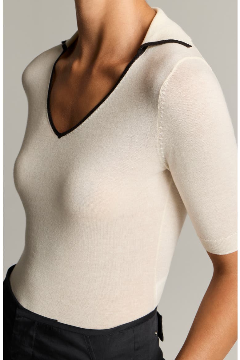 Tipped Cotton & Cashmere Polo, Alternate, color, OFF WHITE/ INK