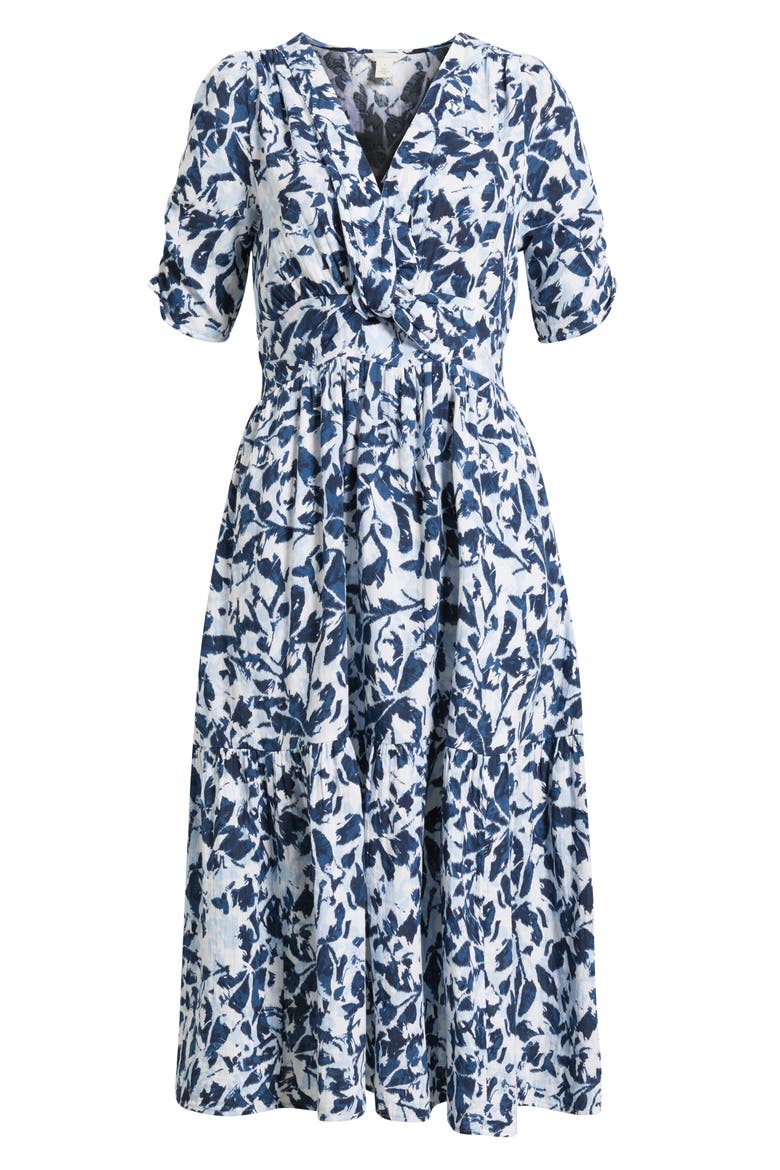 Twist Detail Gauze Midi Dress, Alternate, color, NAVY- WHITE BRUSHED BLOOMS
