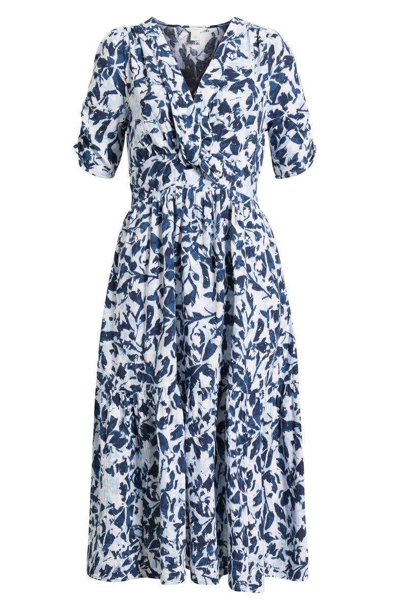 Caslon<sup>®</sup> Twist Detail Gauze Midi Dress, Main, color, Navy- White Brushed Blooms