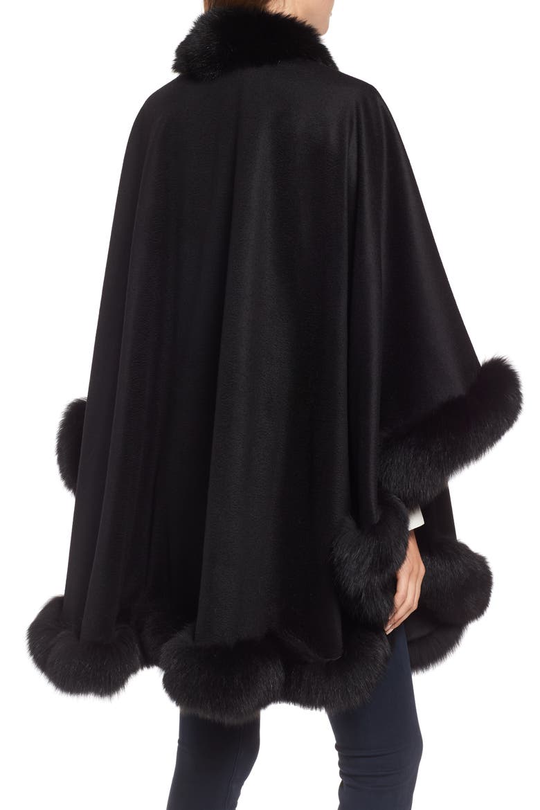 Genuine Fox Fur Trim Cashmere Cape, Alternate, color, BLACK