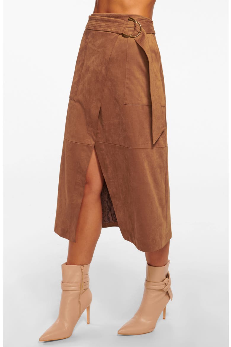 Delphia Faux Suede Wrap Skirt, Alternate, color, SADDLE
