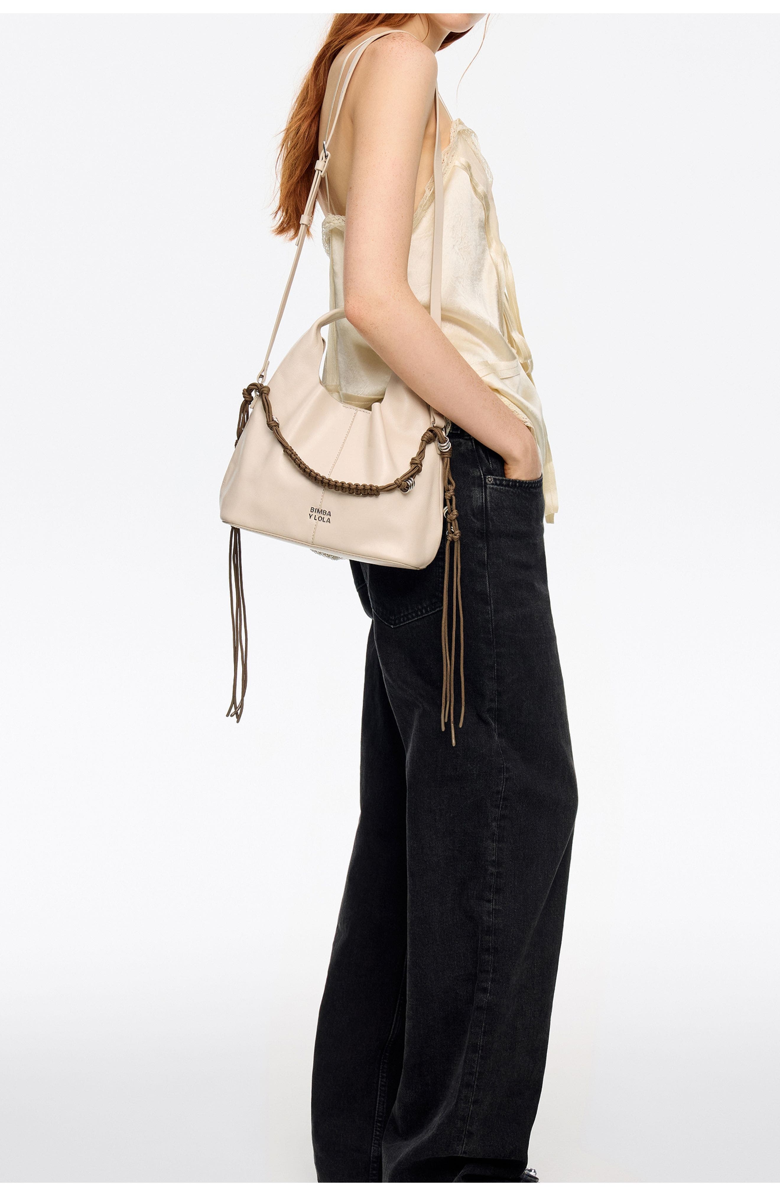 Bimba y Lola Leather Plaited Handle Paper Bag, Alternate, color, Ivory