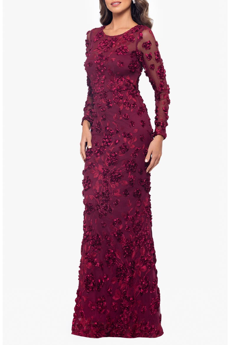 Embroidered Floral Long Sleeve Gown, Alternate, color, GARNET