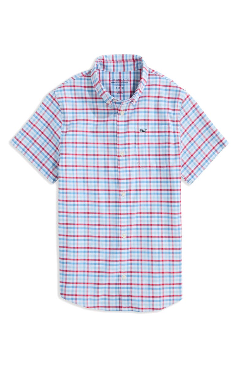vineyard vines Kids' Plaid brrrº Short Sleeve Button-Down Shirt, Main, color, Lighthouse Red