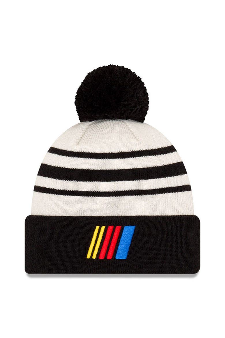 Men's New Era Black/Cream NASCAR Bar Cuffed Pom Knit Beanie, Main, color, Black