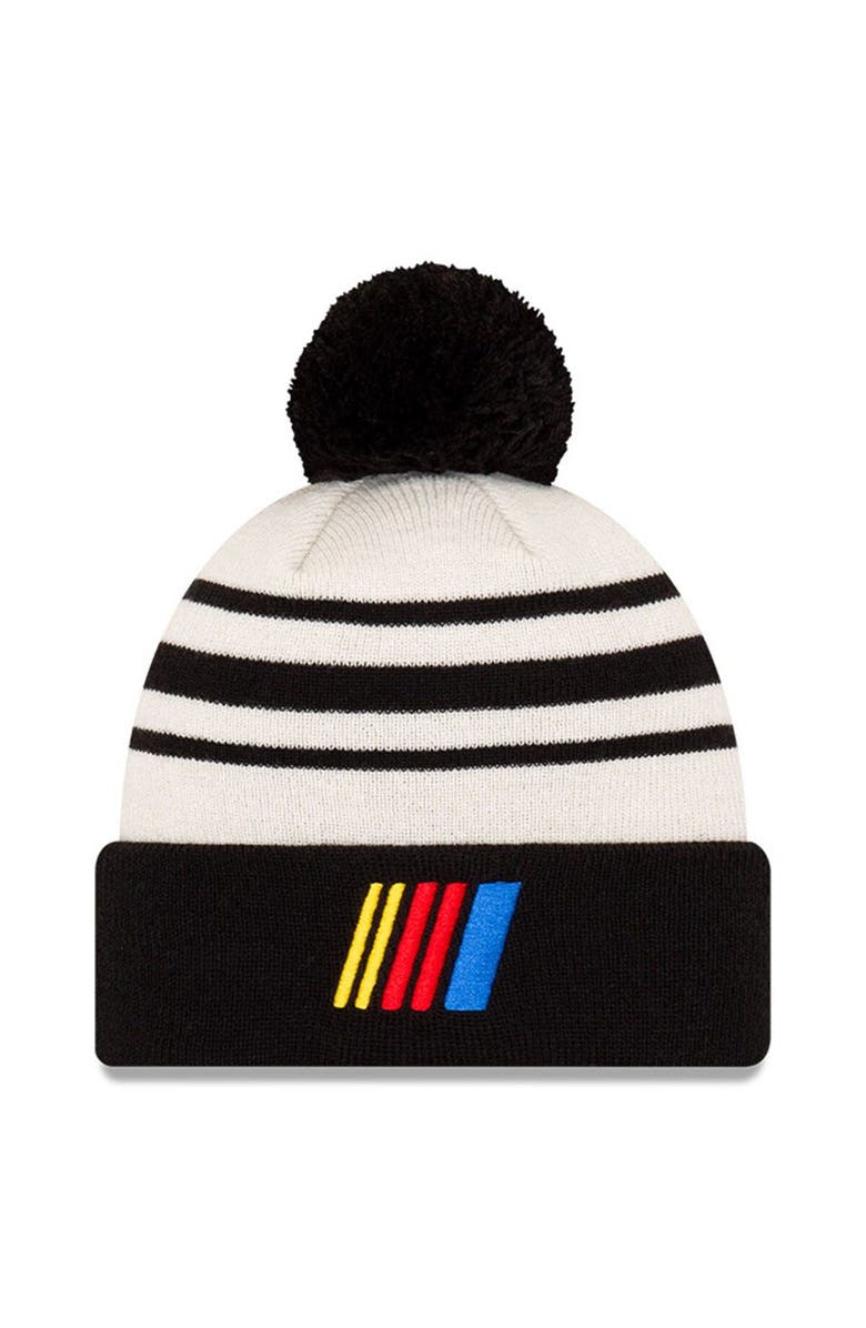 New Era Men's New Era Black/Cream NASCAR Bar Cuffed Pom Knit Beanie, Main, color, 