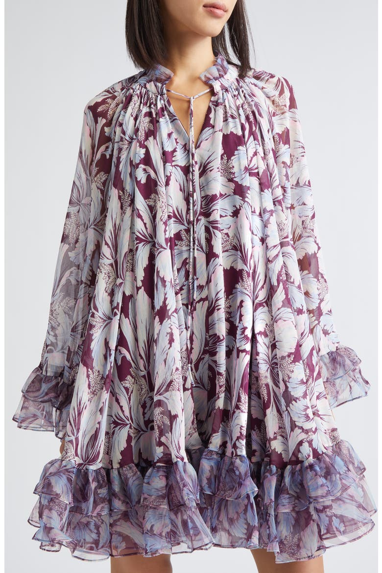 Clairette Tie Neck Long Sleeve Swing Dress, Alternate, color, DEEP PLUM MULTI
