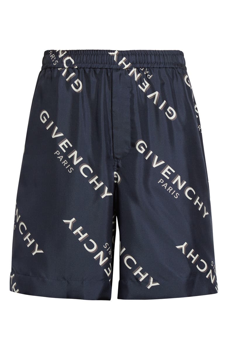 Givenchy Logo Print Elastic Waist Silk Shorts, Alternate, color, Navy