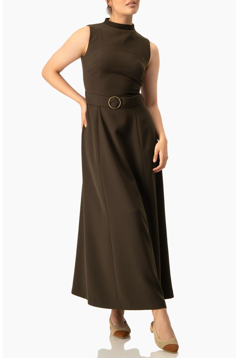 Sleeveless Belted A-Line Maxi Dress with Ring Buckle, Alternate, color, Olive Green