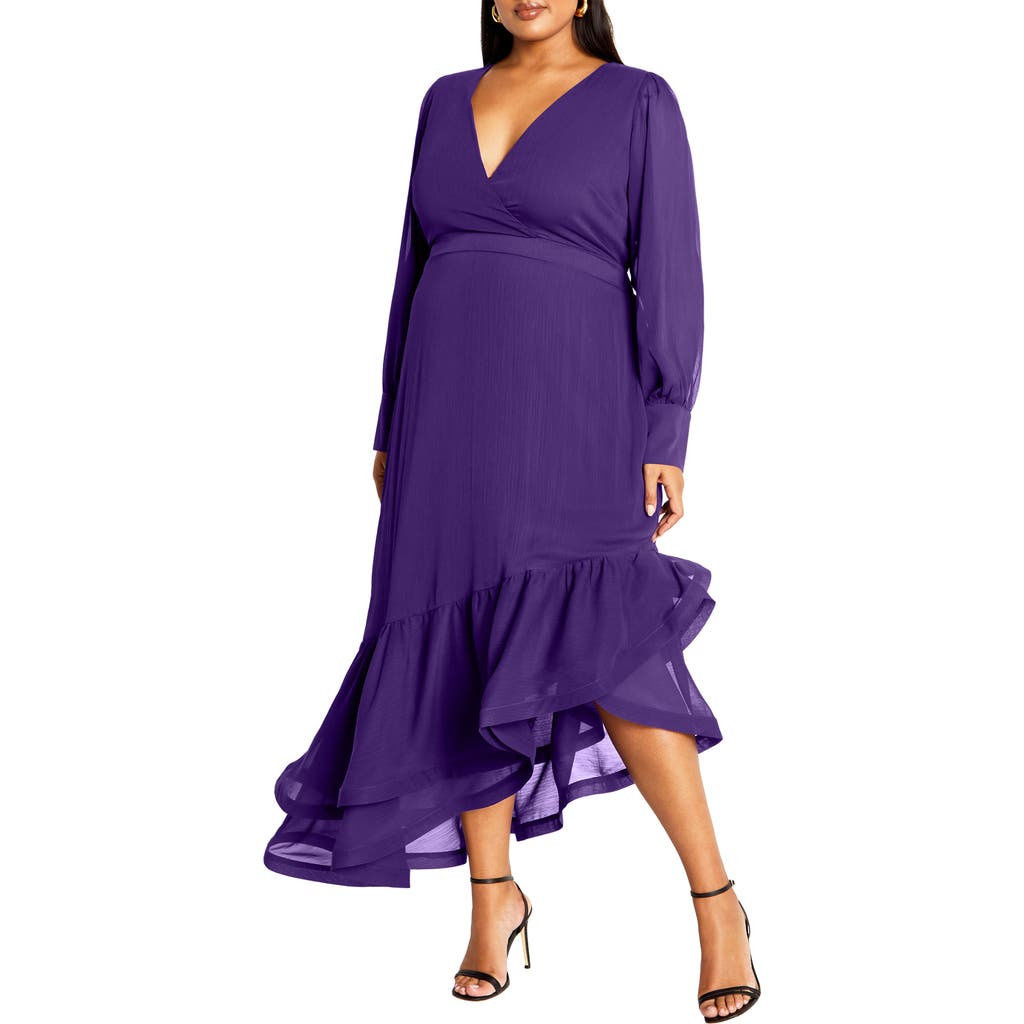 City Chic Antoinette Long Sleeve Asymmetric Midi Dress in Royal Purple