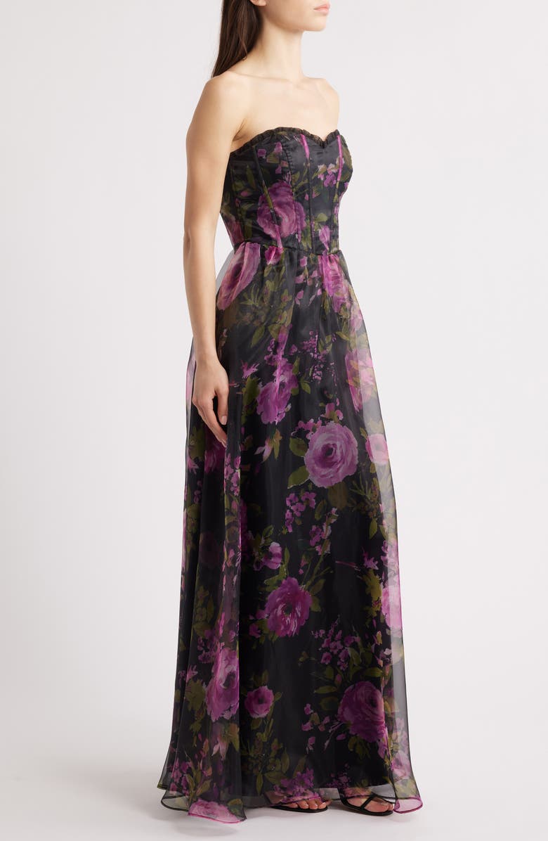 Lulus Hadley Floral Print Strapless Gown, Alternate, color, Black/ Fuchsia Multi
