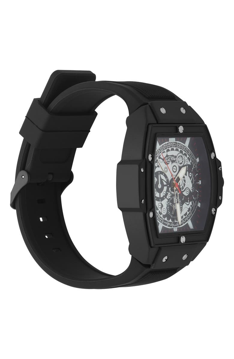Ed Hardy Tonneau Three Hand Quartz SIlicone Strap Watch, 48mm, Alternate, color, Black