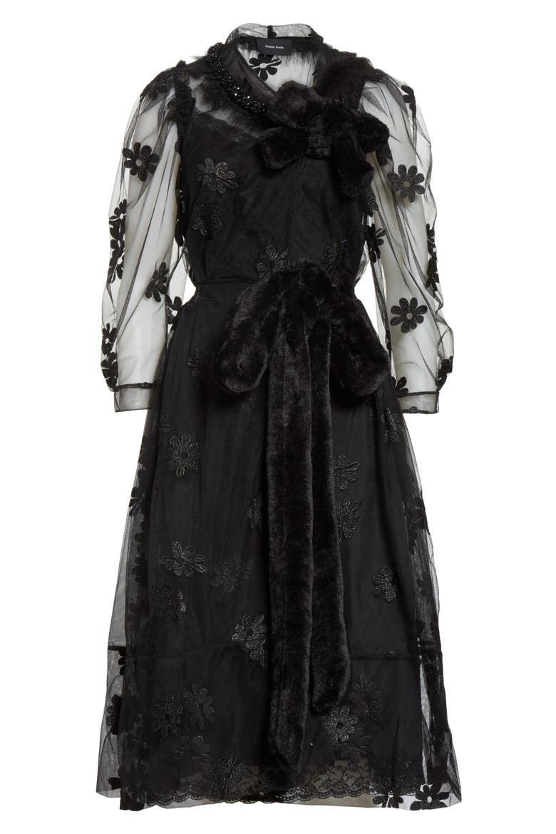 Teddy Floral Embroidered Tulle Dress with Feather and Faux Fur Trim, Alternate, color, BLACK BLACK