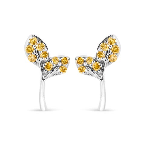 925 Sterling Silver 1/16ct TDW  Yellow Treated Diamond Leaf Earrings