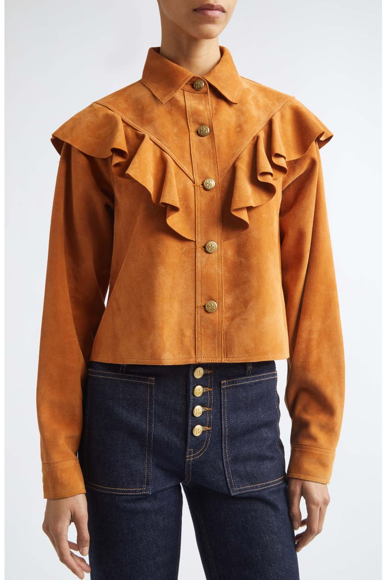 Matilde Ruffle Suede Jacket, Alternate, color, COGNAC