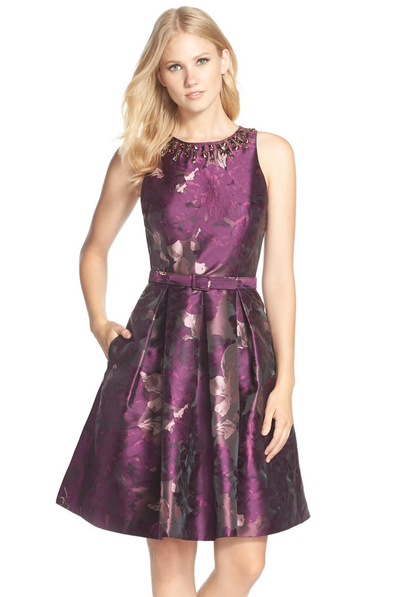 Embellished Neck Jacquard Fit & Flare Dress, Alternate, color, PINK PRINT