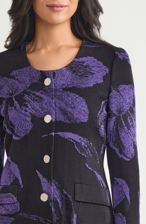 Misook Floral Jacquard Knit Jacket In Black