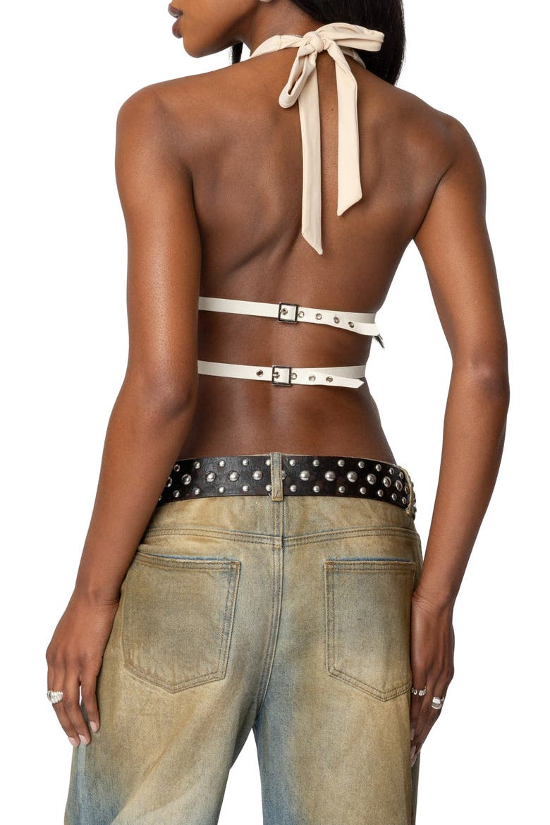 Studded Split Front Open Back Halter Top, Alternate, color, CREAM
