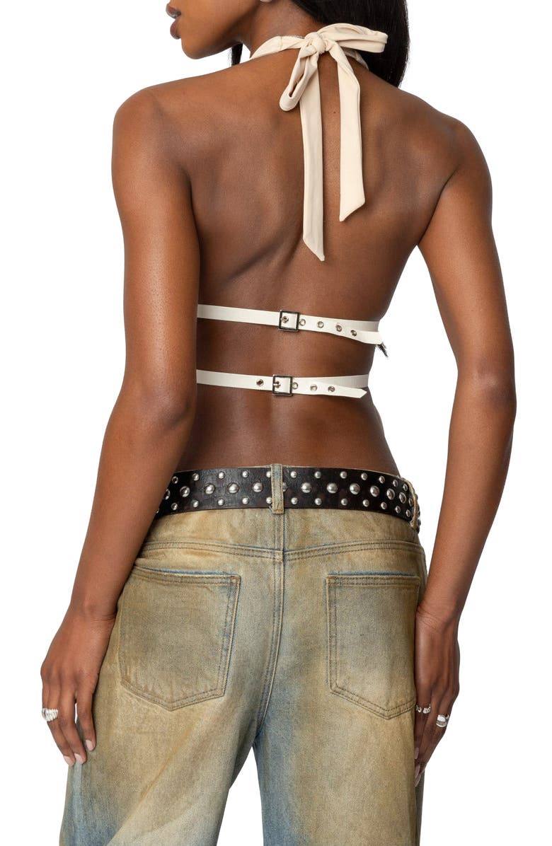 EDIKTED Studded Split Front Open Back Halter Top, Alternate, color, Cream