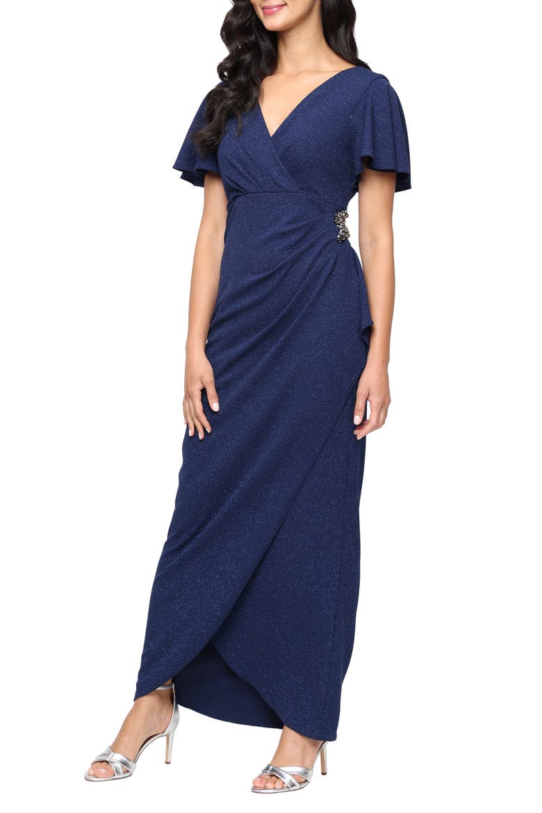 Flutter Sleeve Glitter Gown, Main, color, NAVY