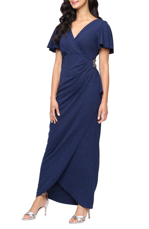 Glitter Flutter Sleeve Gown (Petite)