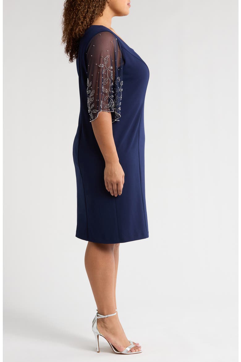 Beaded Sleeve Stretch Crepe Cocktail Sheath Dress, Alternate, color, NAVY