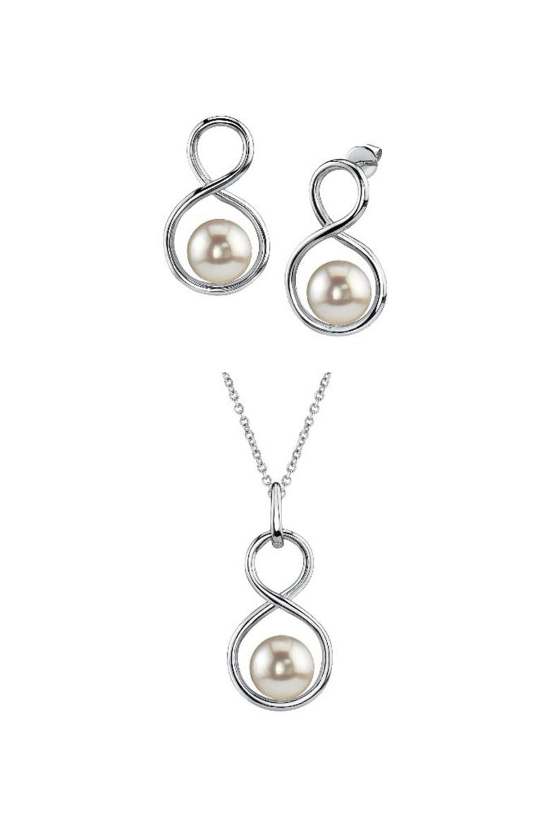 White Freshwater Pearl Infinity Pendant & Earring Set, Main, color, White Pearls