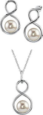 The Pearl Source White Freshwater Pearl Infinity Pendant & Earring Set