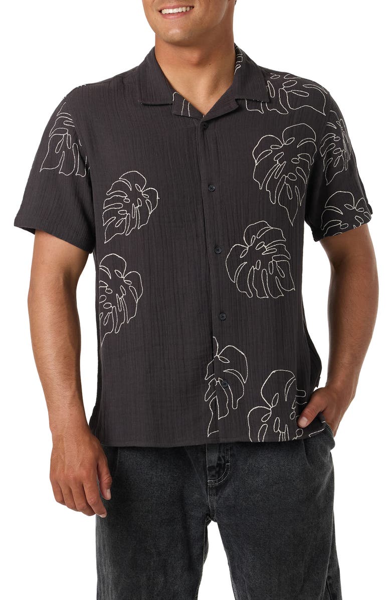 O'Neill Pipeline Rodeo Monstera Embroidered Gauze Camp Shirt, Main, color, Phantom