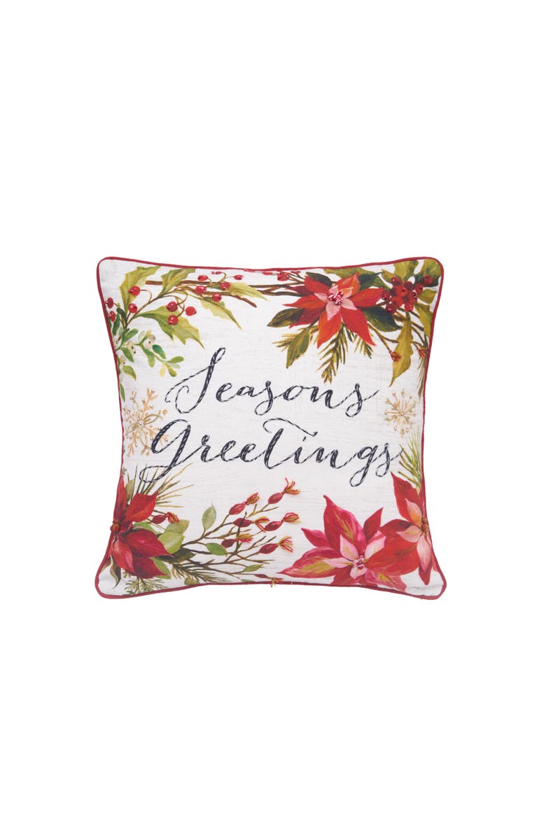 C&F Home Poinsettia Seasons Greetings Christmas Pillow, 18" x 18", Main, color, Red
