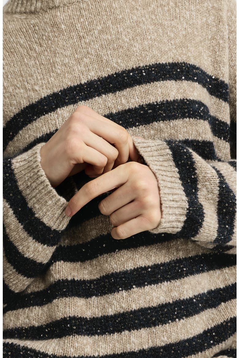 Mouliné soft virgin wool and cashmere sweater with dazzling stripes, Alternate, color, Beige