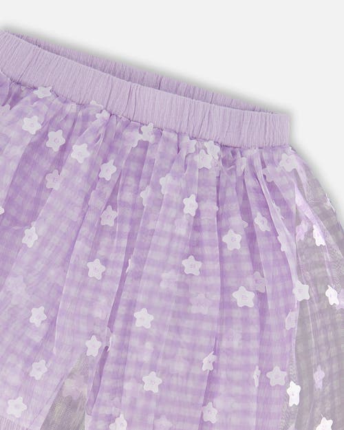 Deux Par Deux Little Girl's Crinkle Biker Short With Flower Mesh Skirt Lilac With White Flowers In Lilac With White Flowers