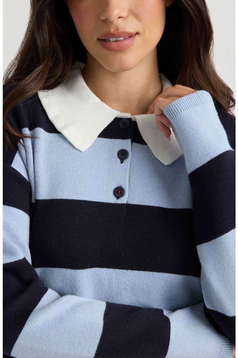 Ruffled Polo Collar Striped Rugby Sweater, Alternate, color, NAVY/ LIGHT BLUE STRIPE