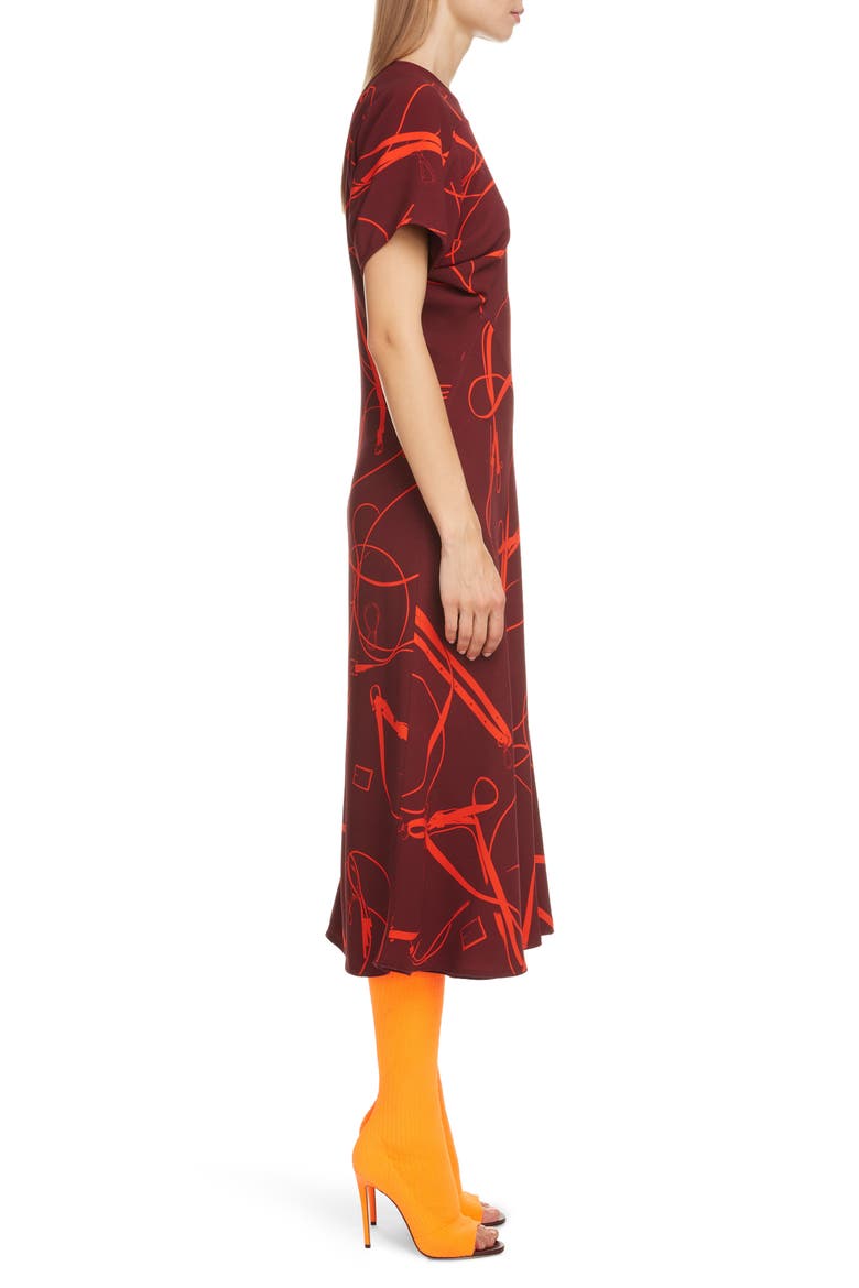 Bridle Print Crepe Midi Dress, Alternate, color, BORDEAUX/ ORANGE