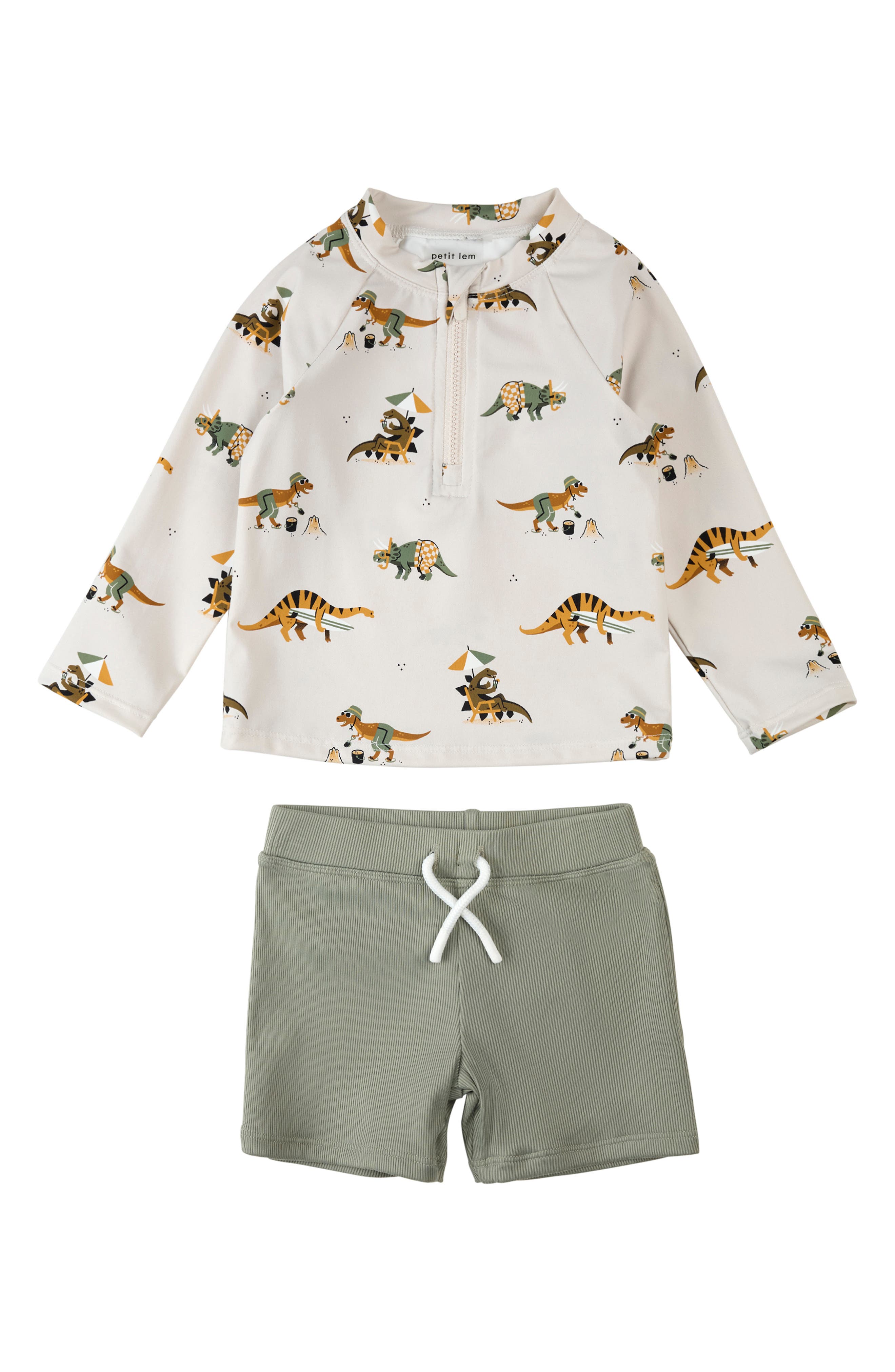 Petit Lem Babies'  Beach Dino Print Long Sleeve Rashguard & Shorts Set In Multi